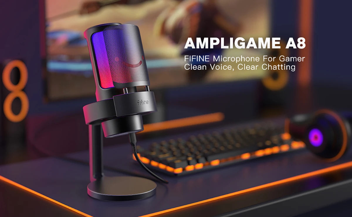 FIFINE USB Microphone for Recording and Streaming on PC and Mac,Headphone Output and Touch-Mute Button,Mic with 3 RGB Modes -A8