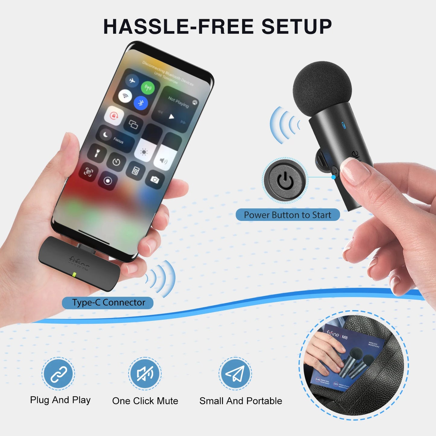 FIFINE Wireless Lavalier System with 2 Microphones for Android/Tablet,Type-C Mini Mic for Video,Interview,Vlog,Live Streaming