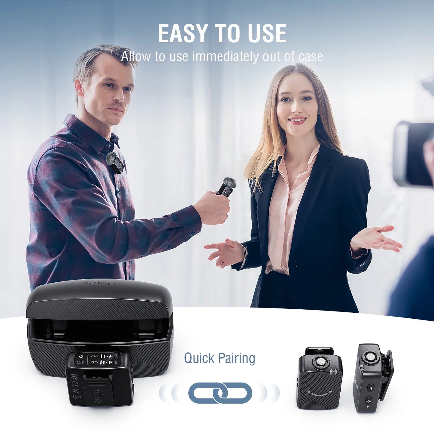 FIFINE M9 Wireless Lavalier Microphone,2 Pack Cordless Lapel Mic System for Vlog Recording,suit for iPhone/Android/Camera/Laptop