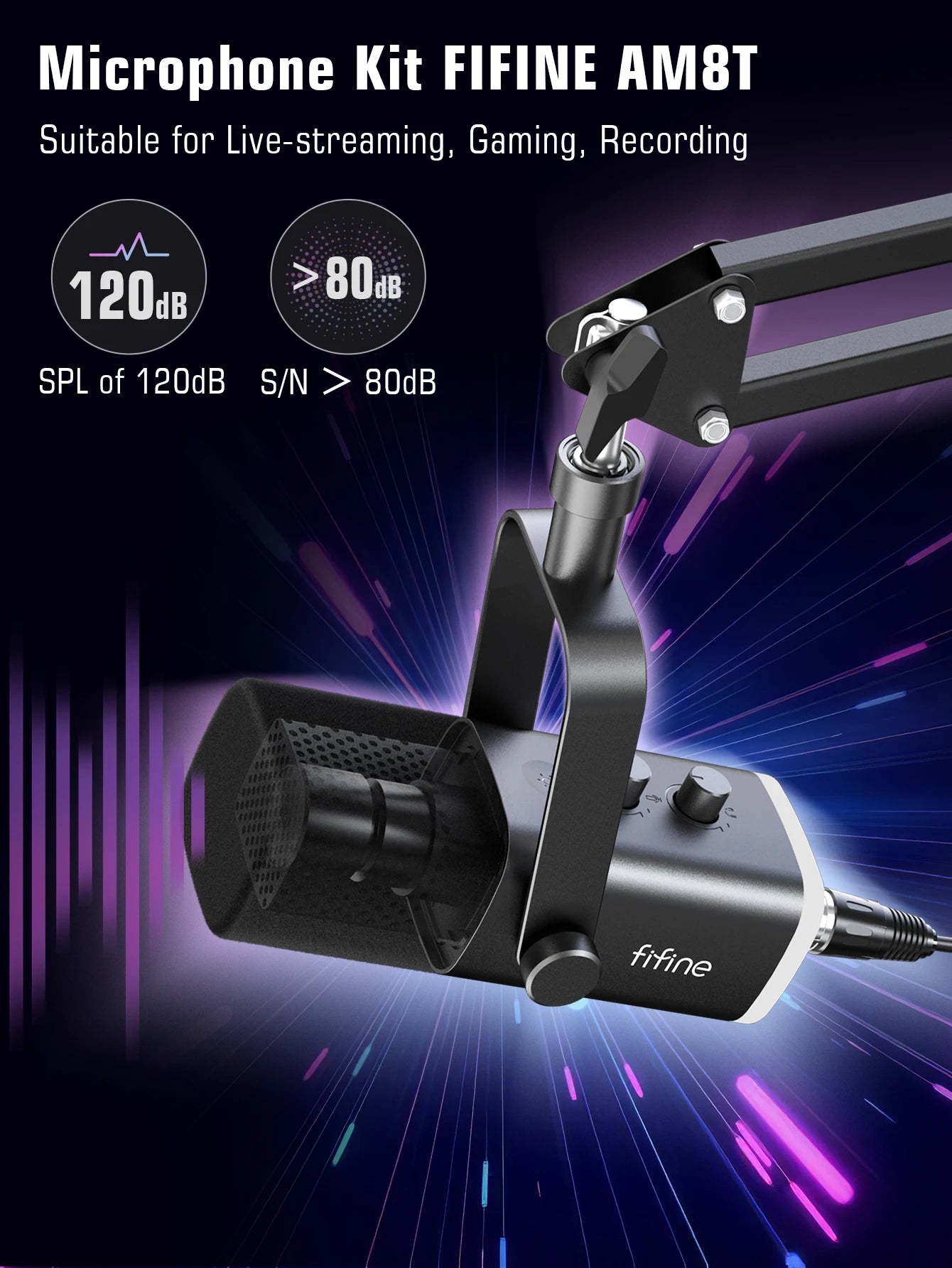 FIFINE Dynamic XLR Microphone Kit with Boom Arm for Mixer,Gaming USB Mic Set with RGB,Volume Control for PC PS5/4 AmpliGame AM8T