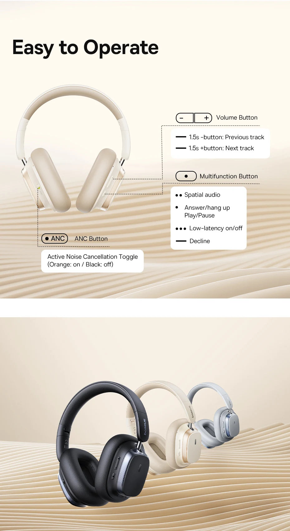 Baseus Bowie H1s Wireless Headphones Bluetooth 5.4 Noise Canceling 46dB Over Ear Headset Hi-Res Spatial Audio Earphone 120H Time