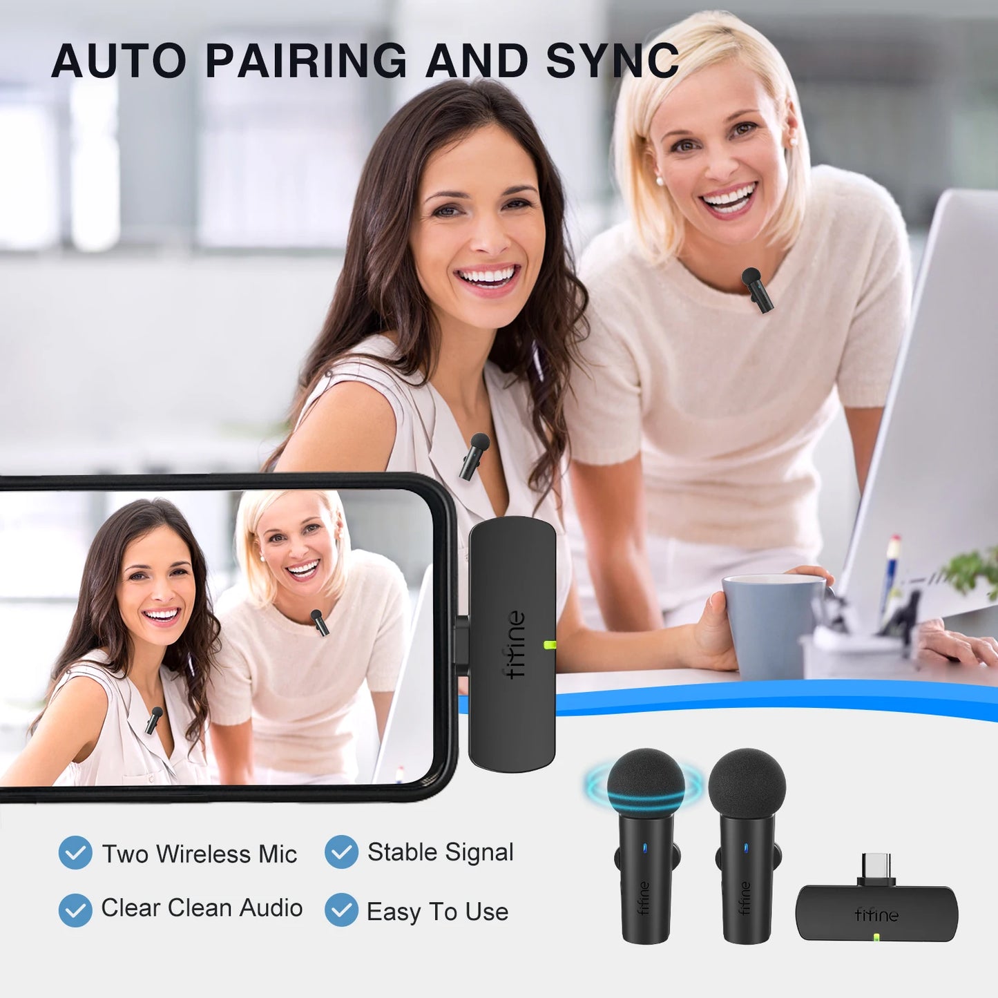 FIFINE Wireless Lavalier System with 2 Microphones for Android/Tablet,Type-C Mini Mic for Video,Interview,Vlog,Live Streaming